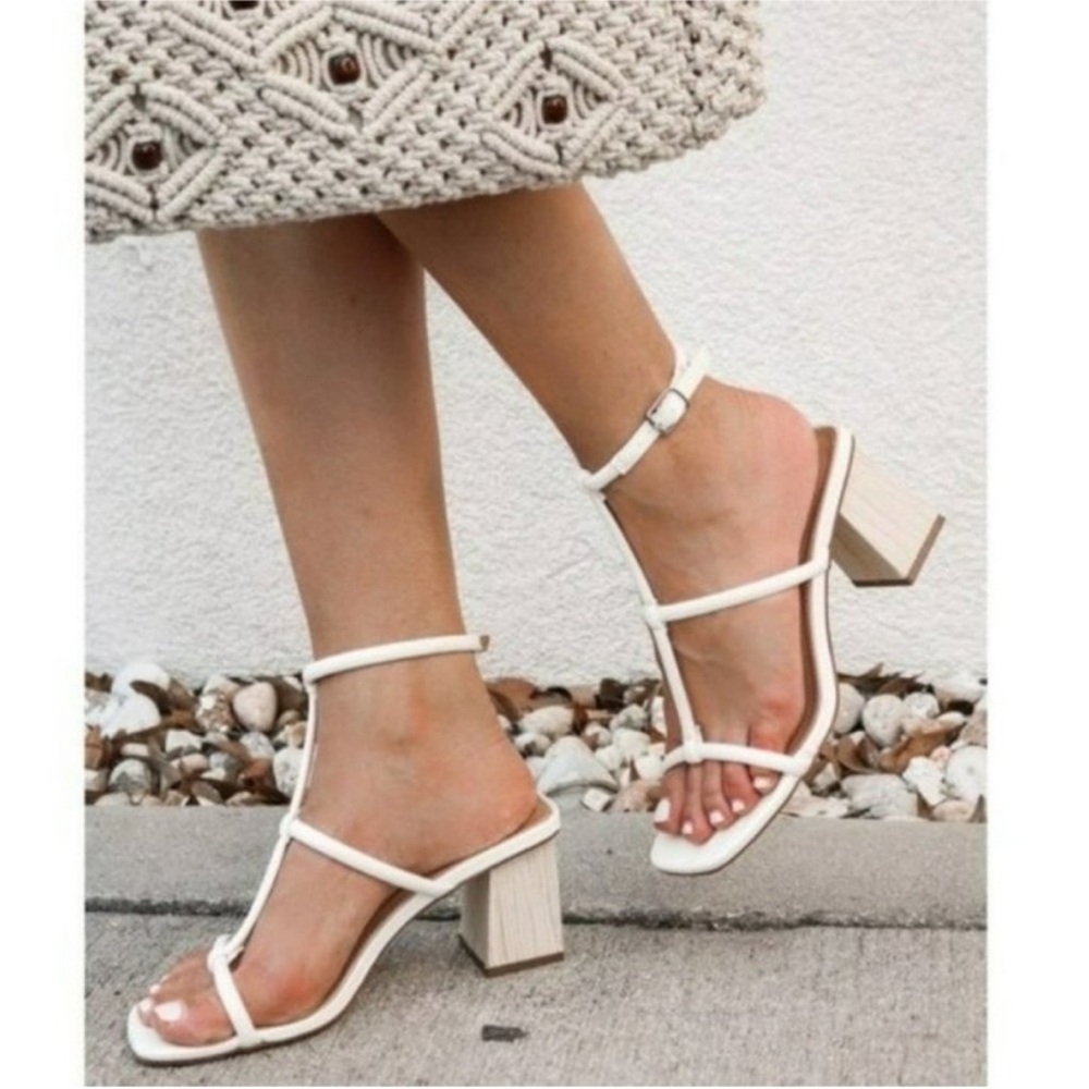 White strappy block heel sandals leather wooden square toe